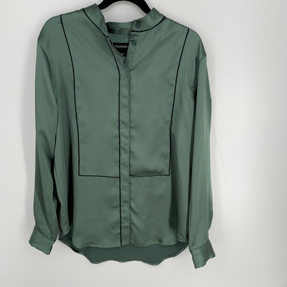 Wildfang The Empower Sage Green Satin Tuxedo Button Up Blouse Large